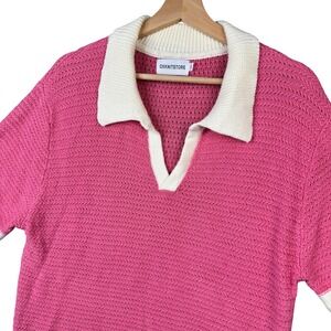 OXKNITSTORE Pink Pointelle Knit Polo Shirt Mens Large V-Neck Short Sleeve Cotton